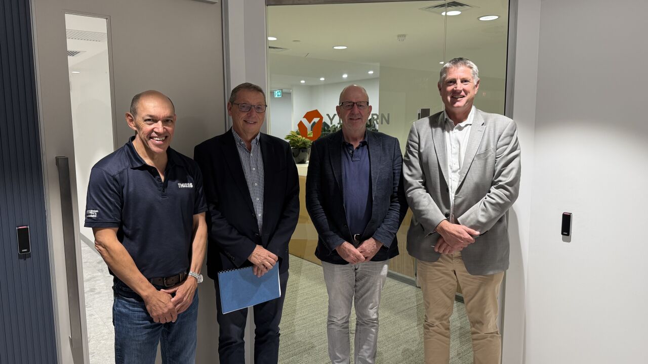 Left–right: Thiess General Manager Mining – Australia West Tim Abrahams, Yilgarn Iron Director David Paull and Managing Director Fergus Campbell, Thiess Group Executive – Australia West David Greig at the contract signing